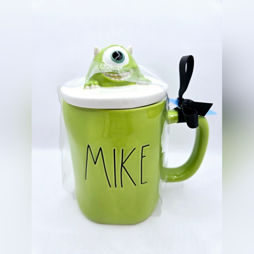Rae Dunn Disney Pixar Monsters Inc Mike Wazowski Green Mug w/ Lid Topper
